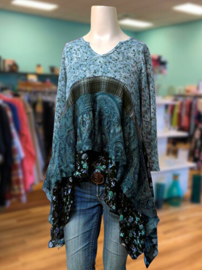 Retro Floral Lotus Leaf Patchwork Top