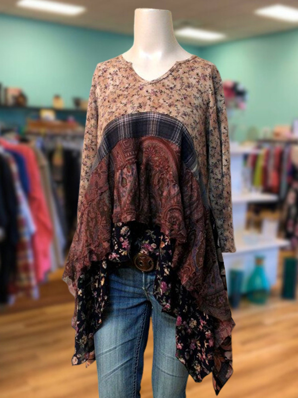 Women's top | Retro Floral Lotus Leaf Patchwork Top |Website-shopcharmingrose