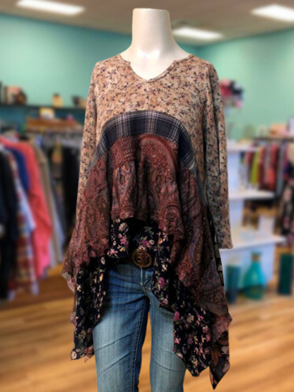 Retro Floral Lotus Leaf Patchwork Top