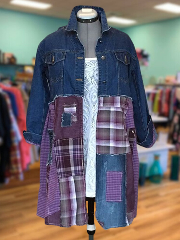 Vintage Denim Jacket With Plaid Stitching
