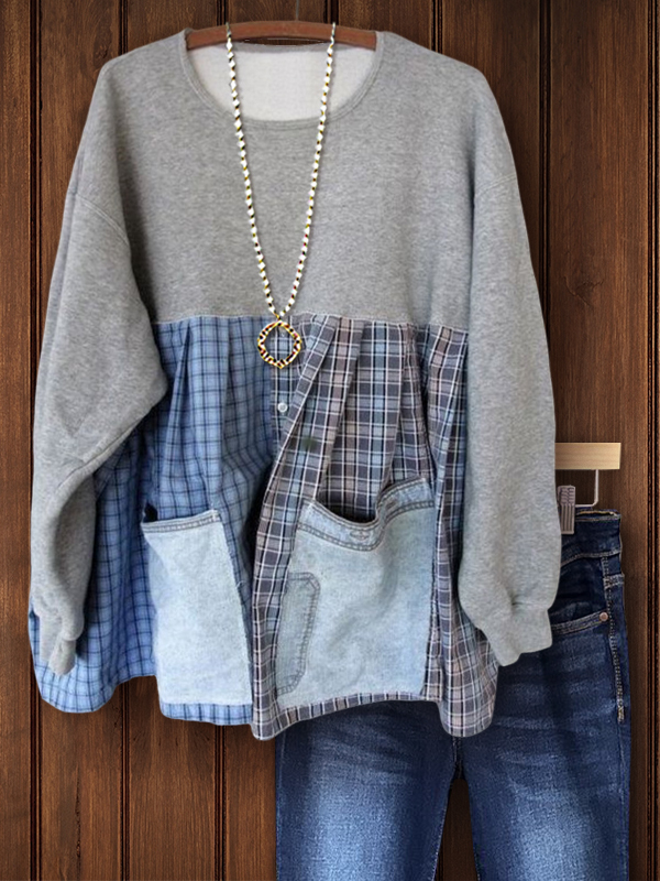 Women's top | Casual Check Patchwork Sweatshirt |Website-shopcharmingrose