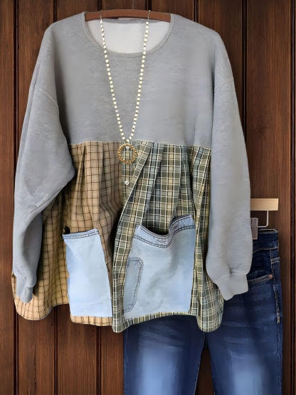 Casual Check Patchwork Sweatshirt