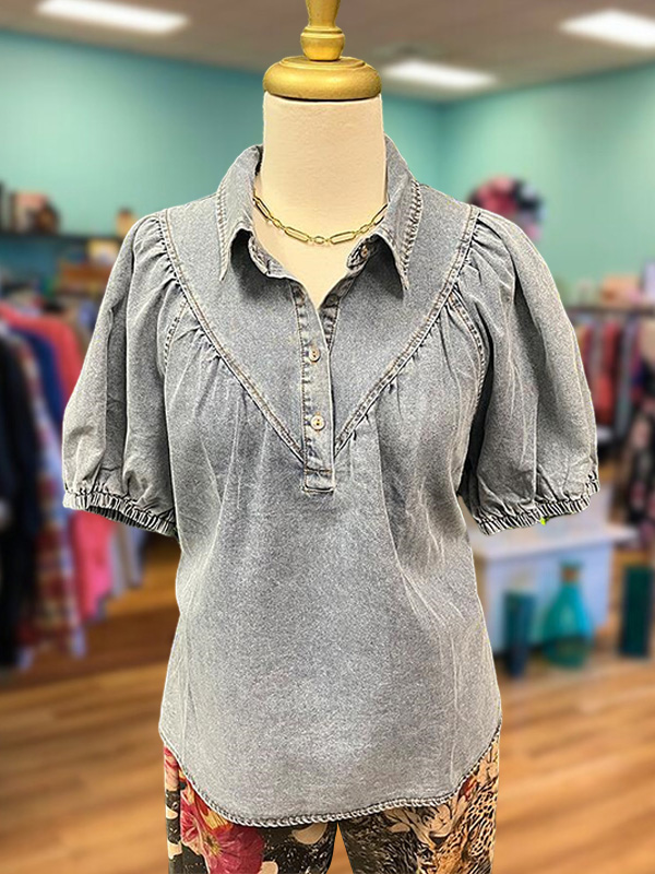 Vintage Denim Pleated Balloon Sleeve Top