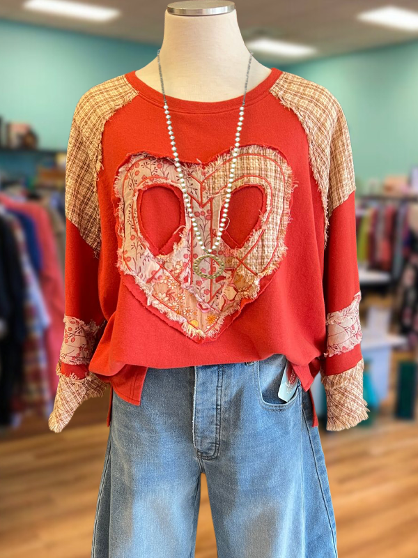 Heart Floral Applique Patchwork Sweatshirt