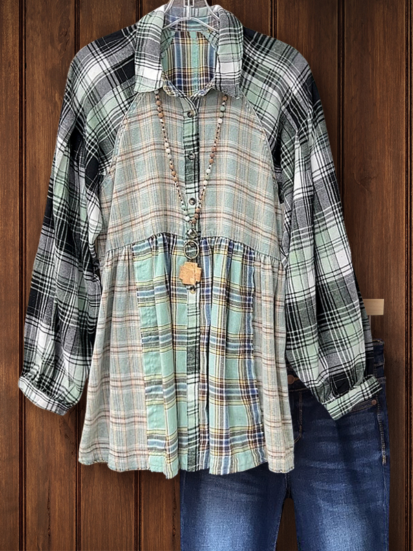 Casual Green Plaid Panel Shirt