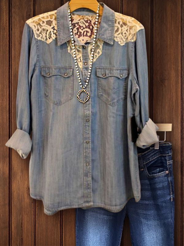Elegant Lace Denim Shirt