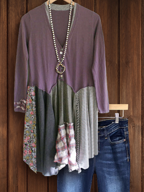 Casual Striped Floral Patchwork Top