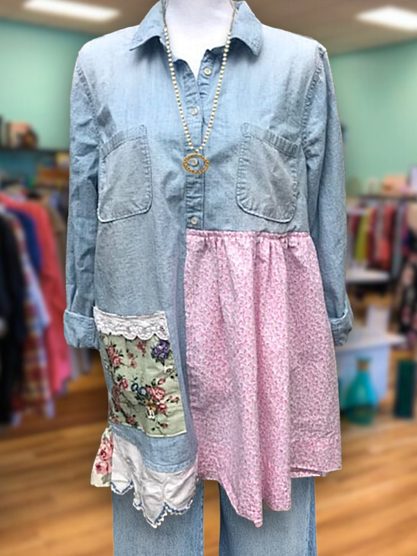 Upcycled Casual Floral Patchwork Faux Denim Shirt