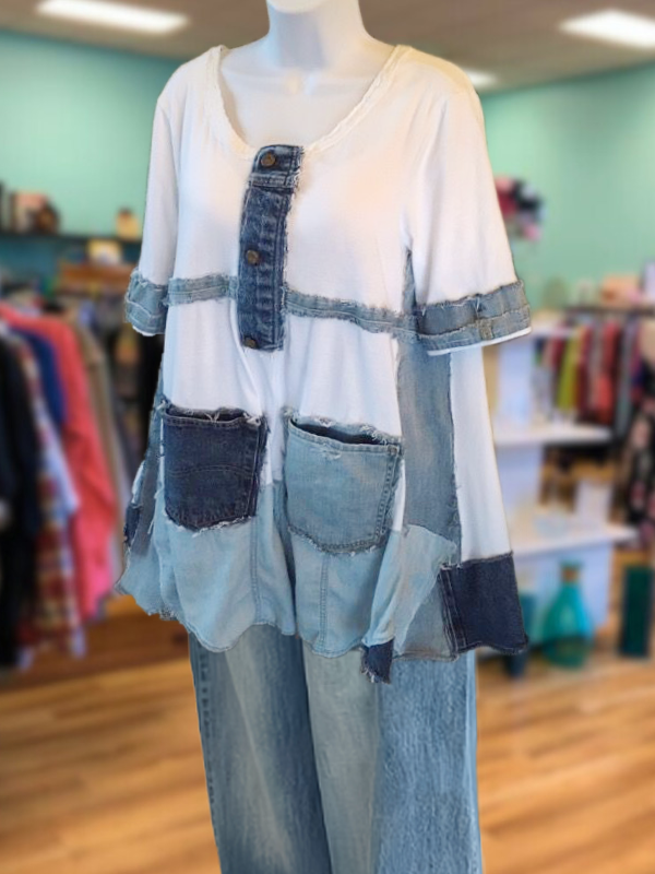 Vintage Denim Patchwork Short Sleeve Top