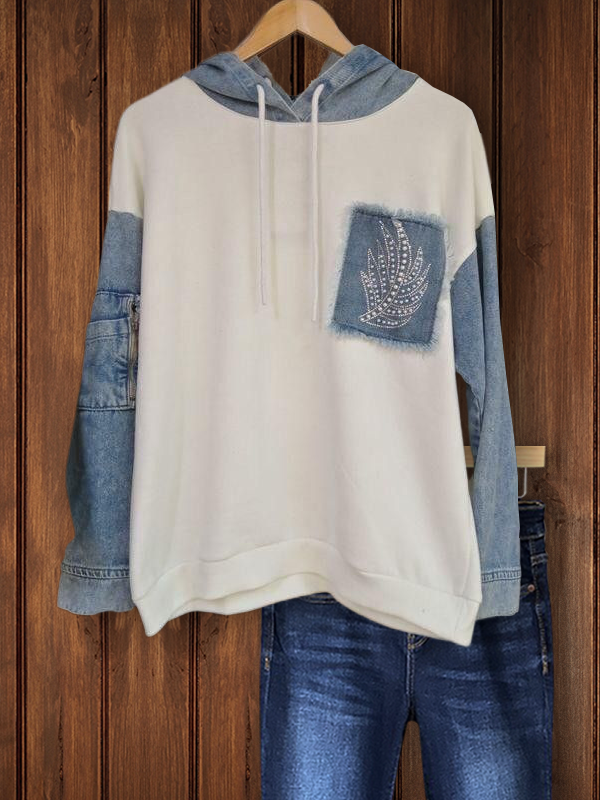 Casual Denim Patchwork Hoodie