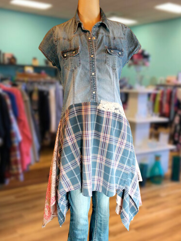 Vintage Plaid Patchwork Denim Top