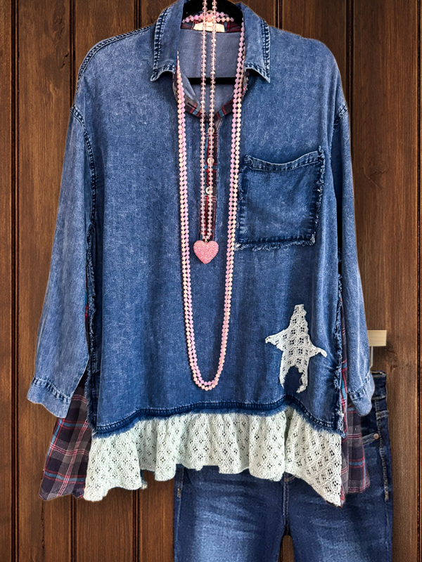 Vintage Lace Check Patchwork Denim Top