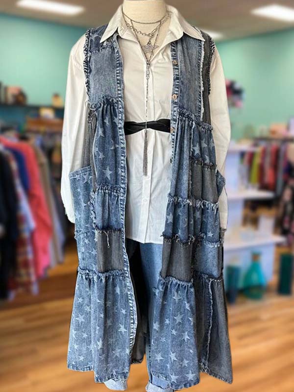 Retro Five-Pointed Star Denim Patchwork Dress Vest