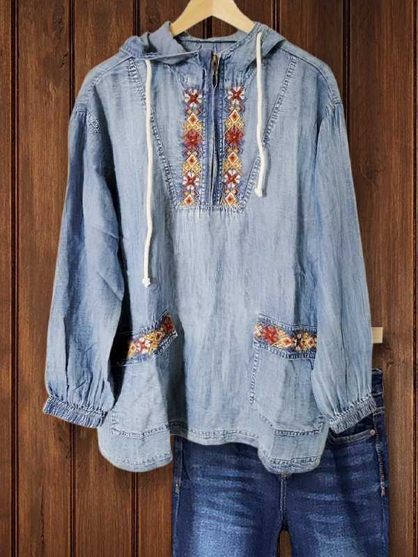 Casual Embroidered Denim Hoodie