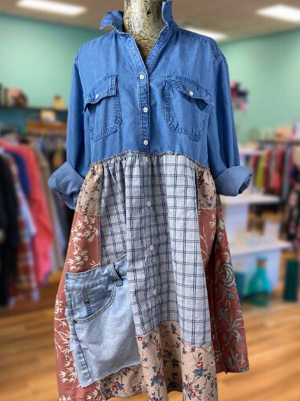 Casual Plaid Patchwork Denim Shirt Dress