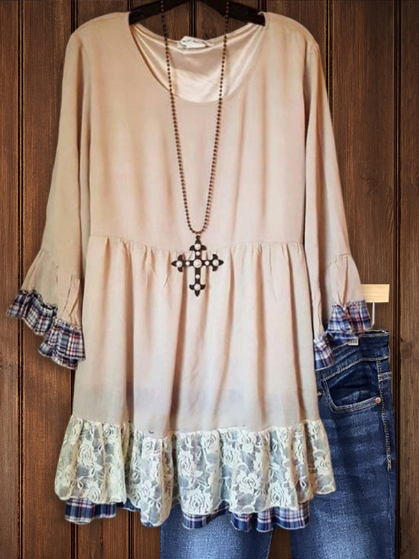 Casual Check Lace Patchwork Top