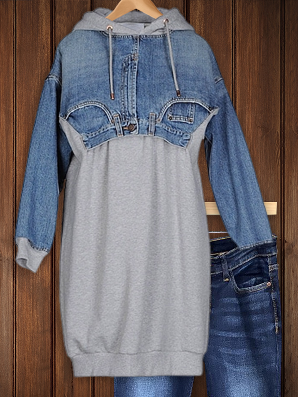 Upcycled Denim Panel Sweatshirt Dress