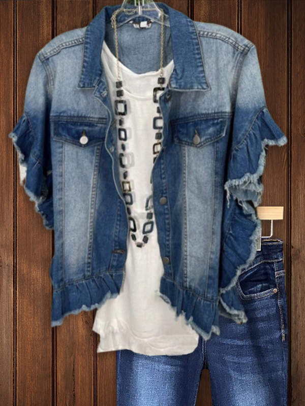 Elegant Butterfly Sleeve Washed Denim Top