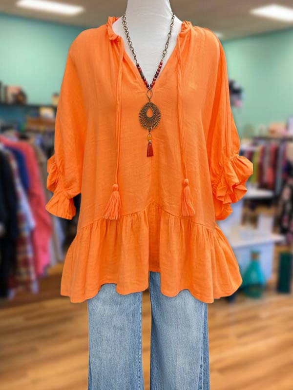 Casual Ruffled Drawstring V-Neck Top