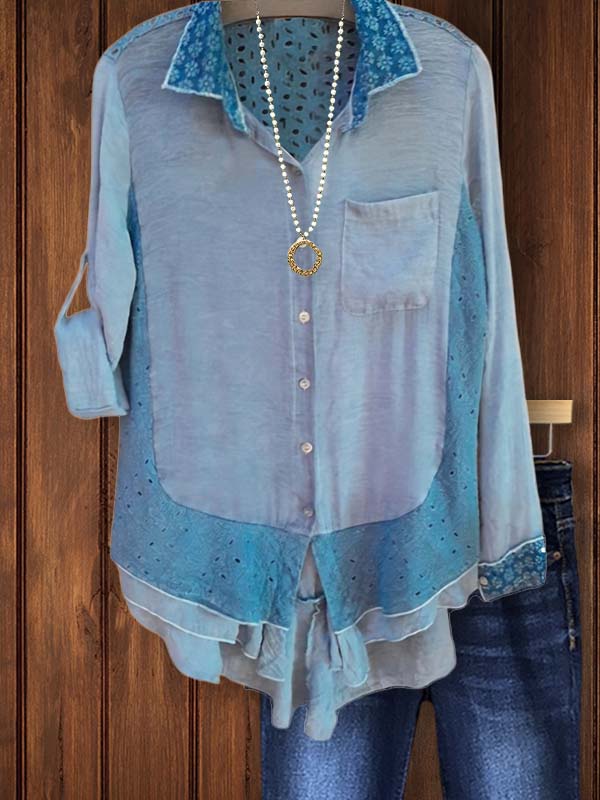 Casual Cotton And Linen Printed Patchwork Shirt