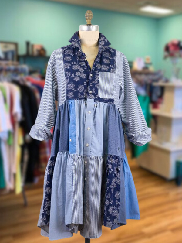 Upcycled Striped Floral Shirt Dress