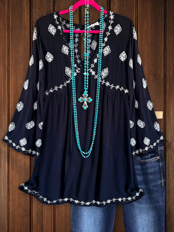 Ethnic Style Embroidery Patchwork Polka Dot Print Top