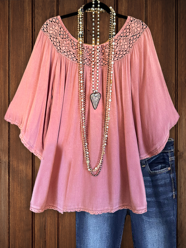 Elegant Retro Lace Pink Top