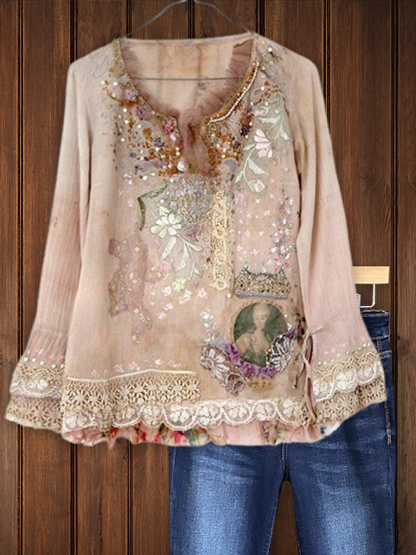 Retro Elegant Lace Floral Stitching Top
