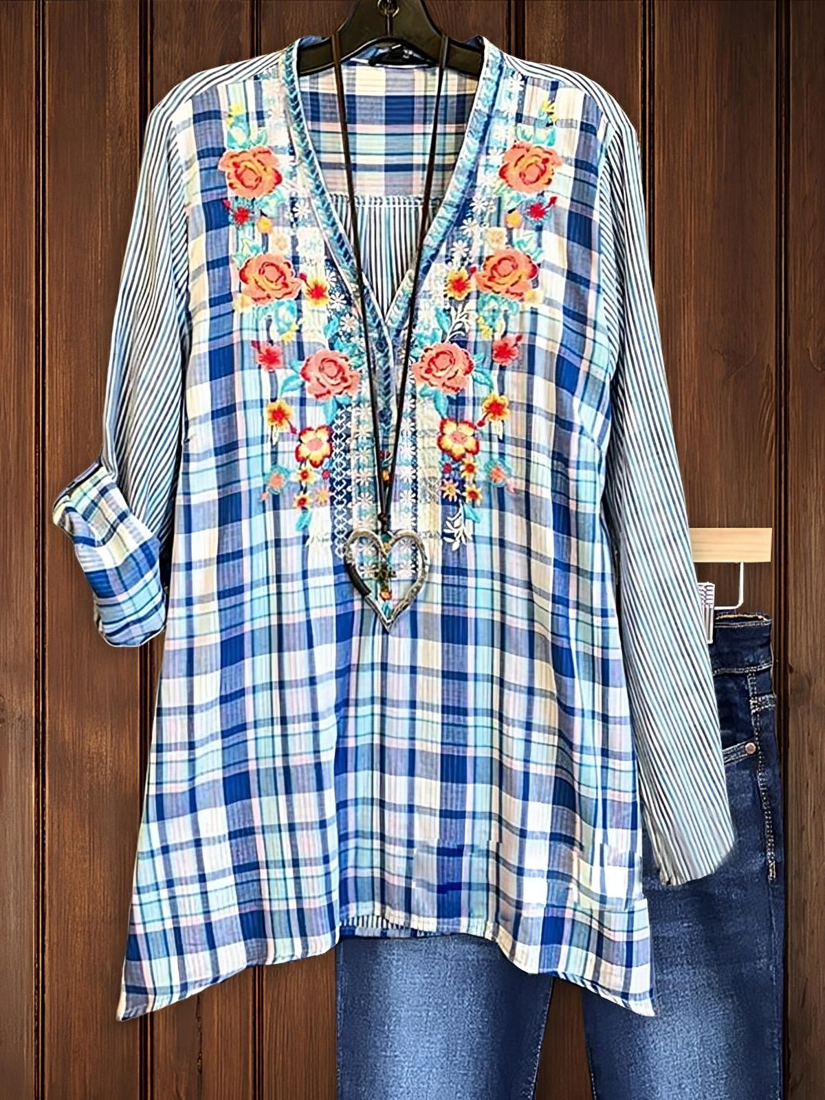 Casual Check Floral Print Top
