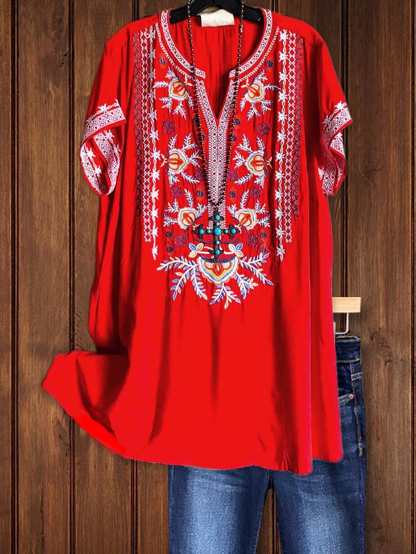 Ethnic Style Embroidery Print Waist Loose Top