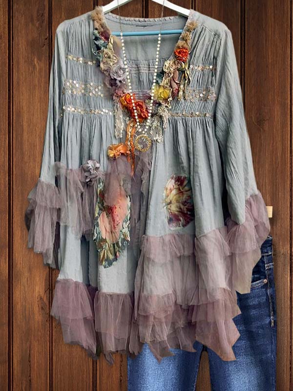 Retro Dream Sequin Flower Ruffle Top