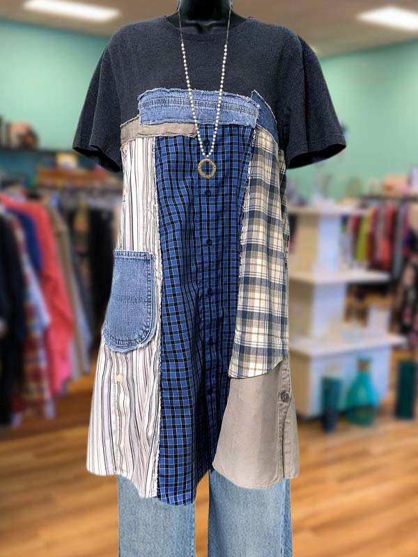 Retro Casual Denim Plaid Patchwork Top