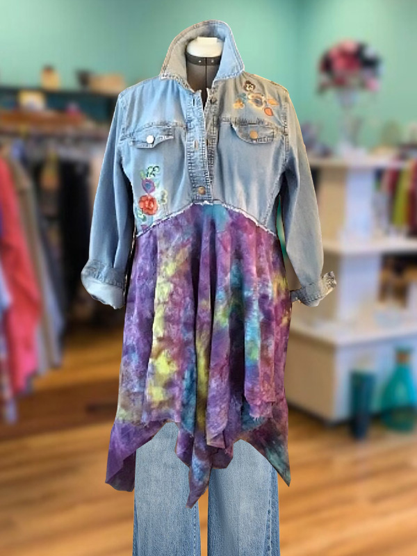 Vintage Tie-Dye Purple Print Patchwork Denim Top