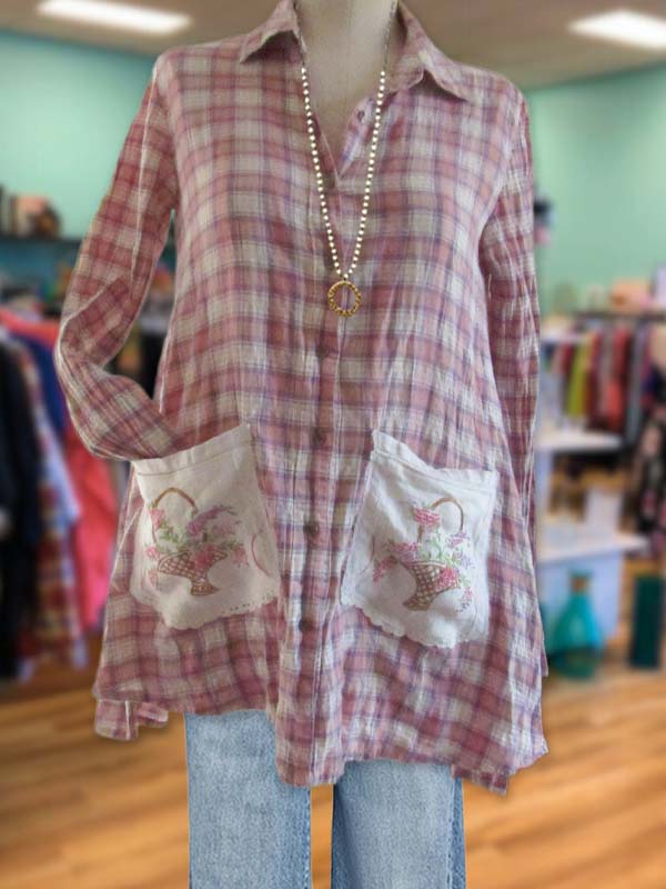 Casual Plaid Patchwork Printed Pocket Cloth Waist Shirt