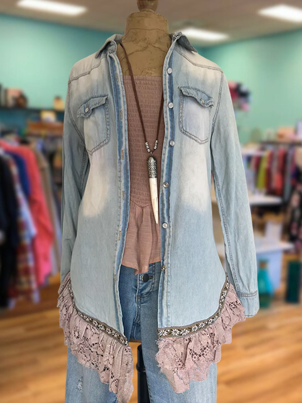 Vintage Lace Double Pocket Denim Shirt