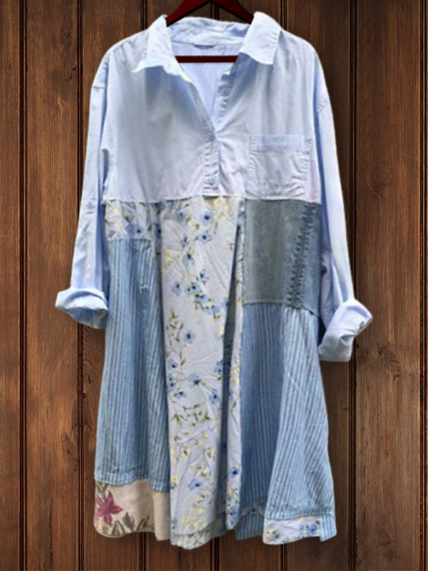 Casual Striped Floral Denim Top