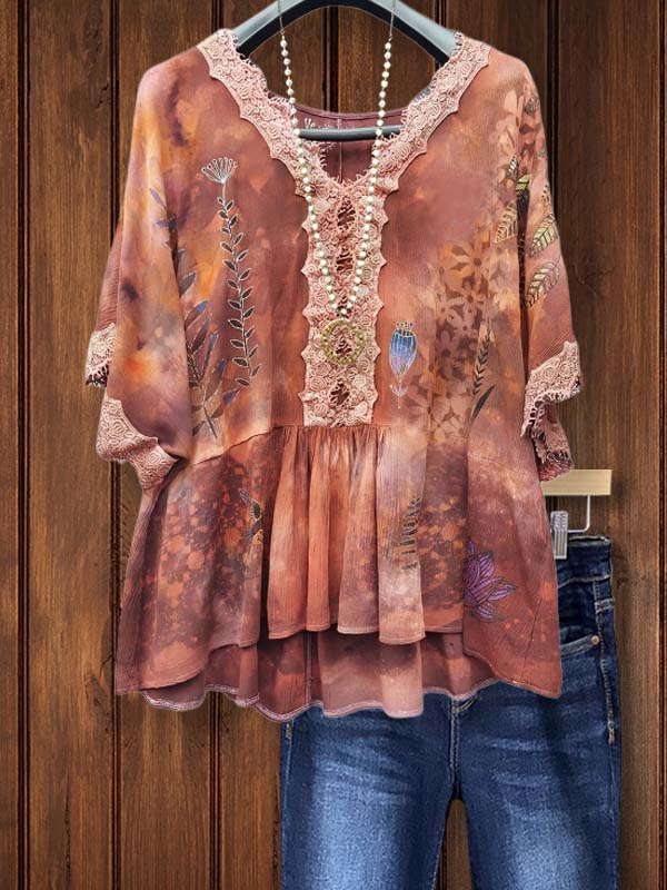 Retro Floral Patchwork Lace Waist Top