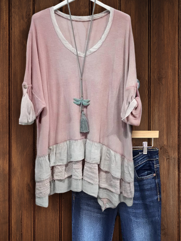 Casual Three-Layer Ruffled Patchwork Top