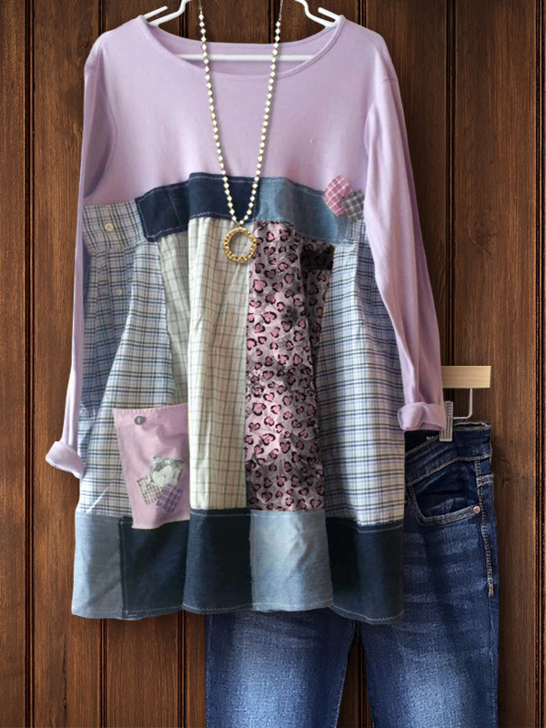 Casual Plaid Patchwork Denim Top