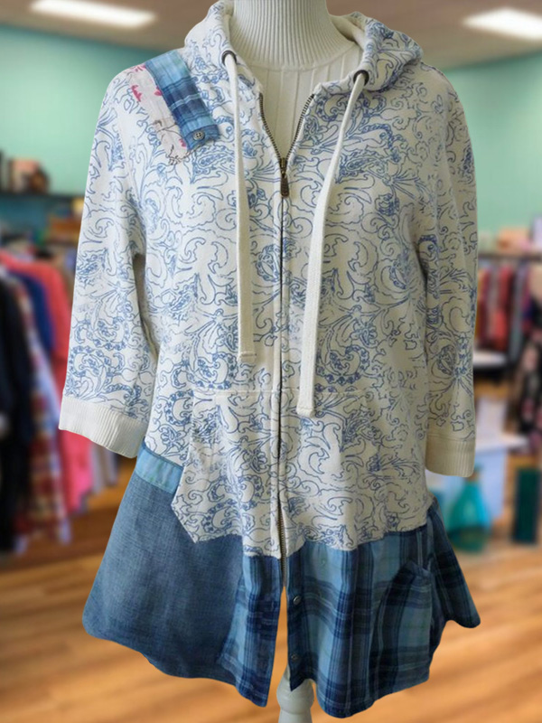 Vintage Floral Patchwork Denim Check Hoodie