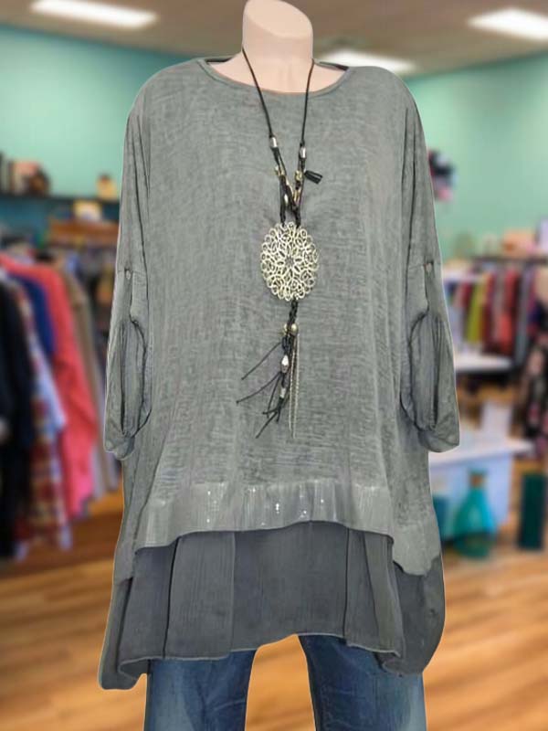 Casual Cotton And Linen Stitching Sequined Top