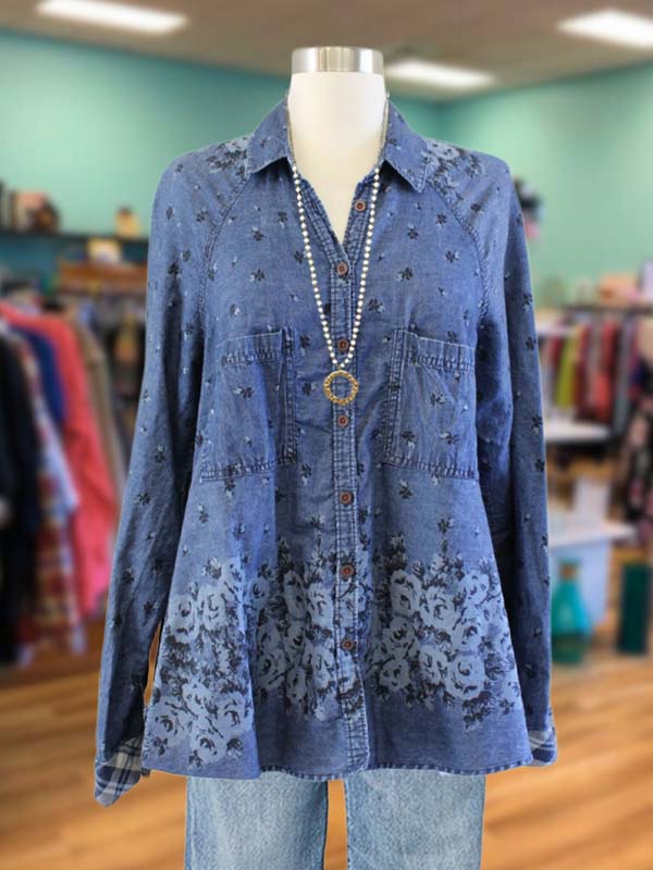 Casual Floral Double Pocket Denim Blue Top