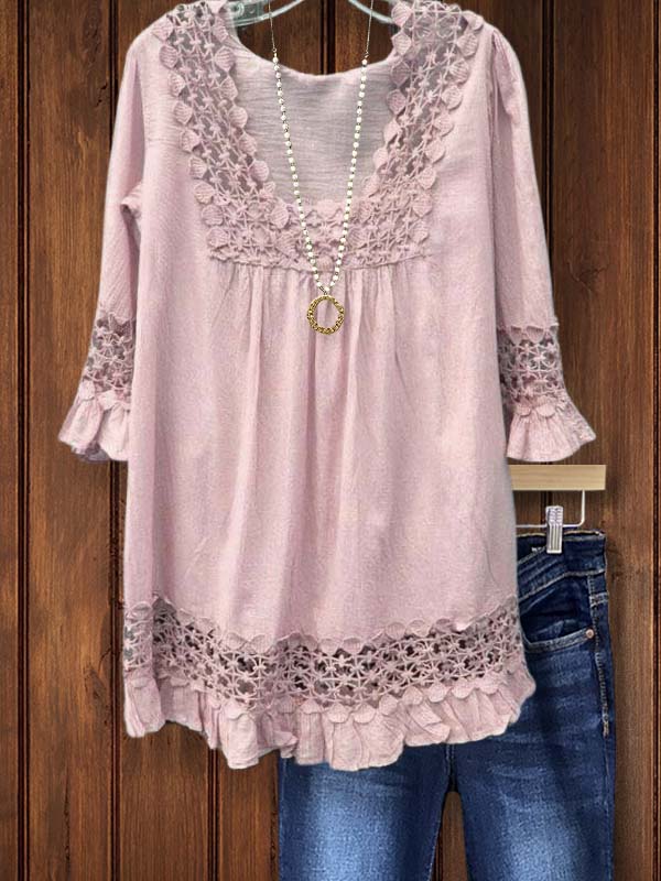 Elegant Lace Mid Sleeve Ruffle Top
