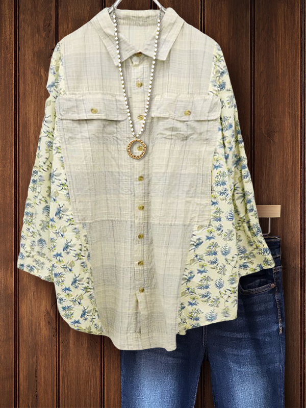 Spring Floral Patchwork Plaid Double Pocket Top