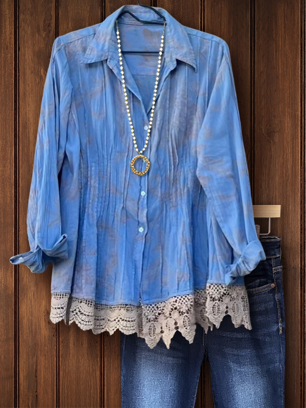 Casual Blue Floral Waist Lace Top