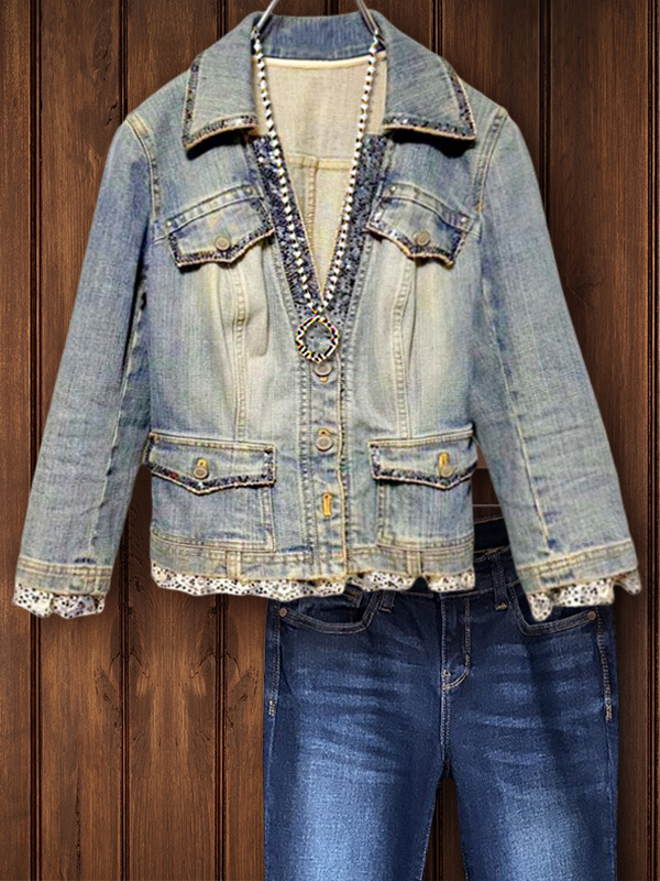 Vintage Sequined Floral Patchwork Denim Jacket