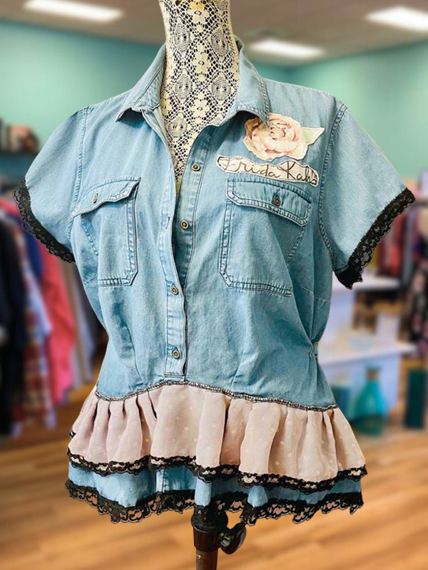 Vintage Lace Rose Ruffle Denim Top