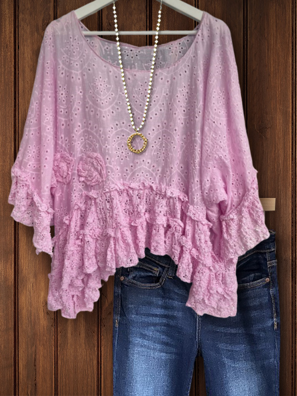 Casual Lace Ruffled Crew Neck Top