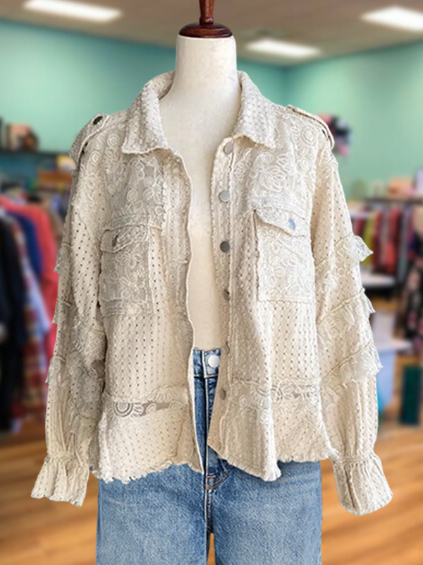 Casual Raw Edge Lace Double Pocket Panelled Jacket