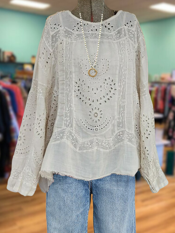 Casual Ethnic Style Lace Flower Round Neck Top